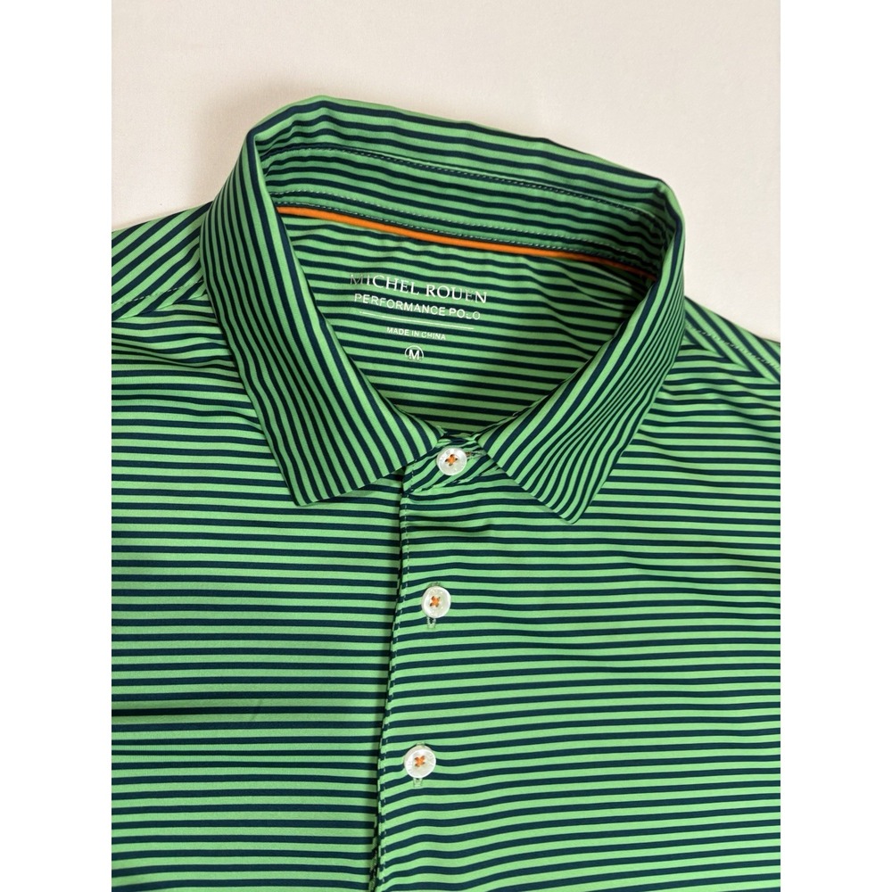 Michel Rouen Polo Shirt Mens Medium Green Striped Performance Golf Lightweight